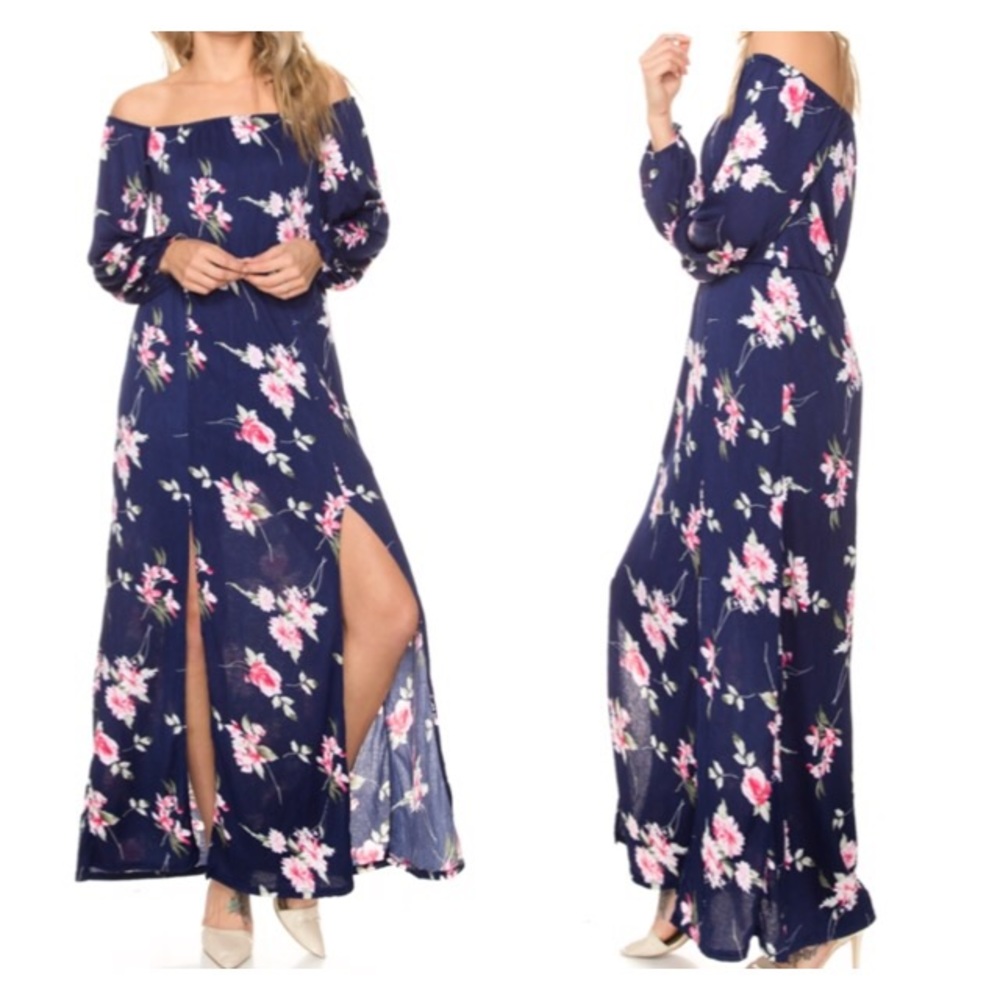 Navy Floral Off Shoulder Maxi Dress